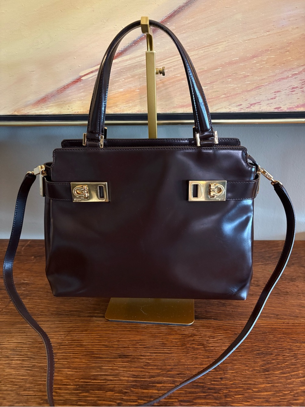 Salvatore Ferragamo Double Gancini Leather Top Handle Tote Bag - Bordeaux